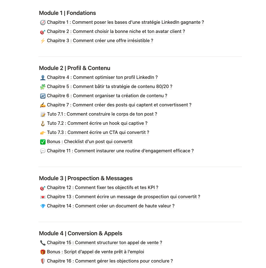 Aperçu des modules du guide PDF